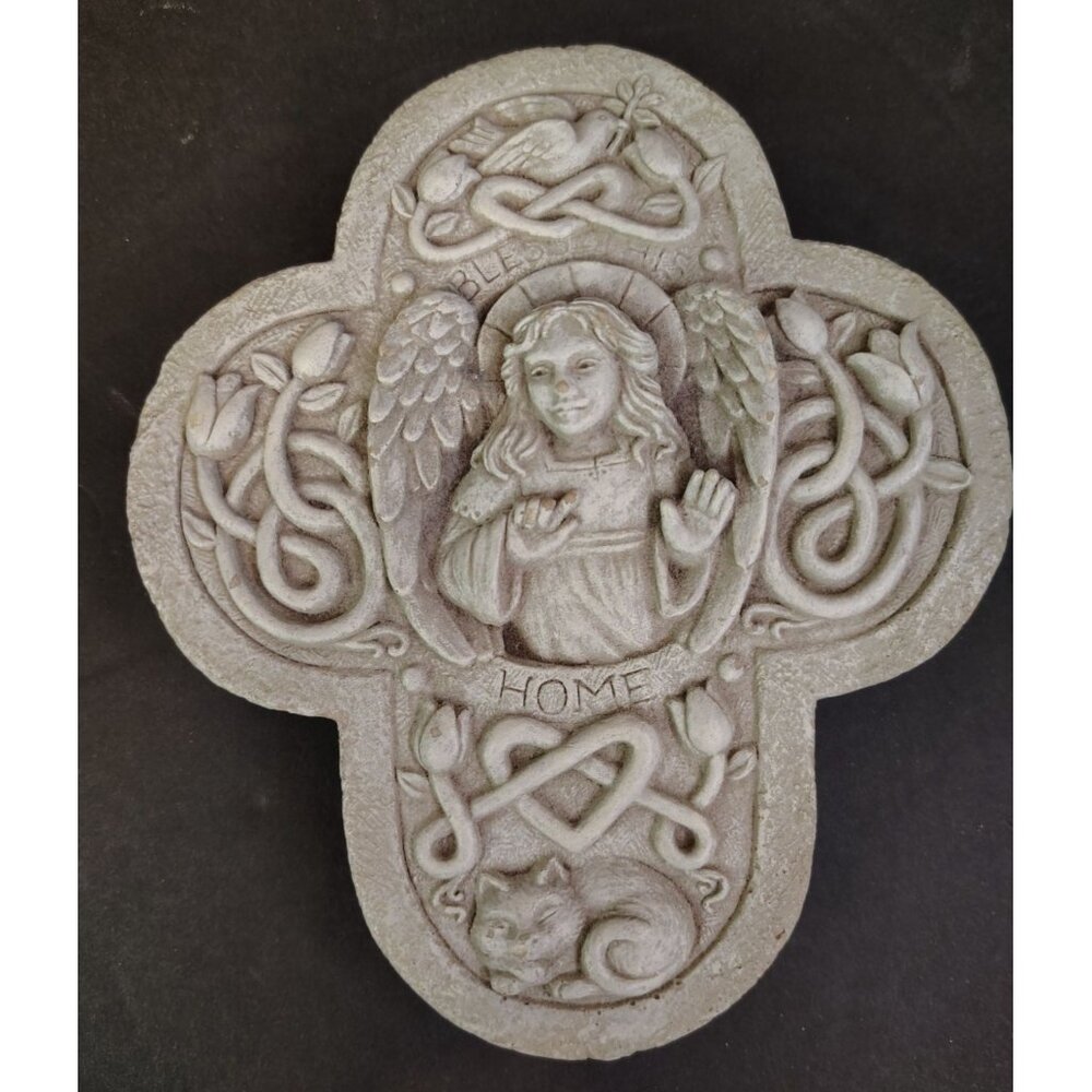 Carruth Studio Bless This Home Celtic Cross Angel, Cat Garden Art Wall Art Stone